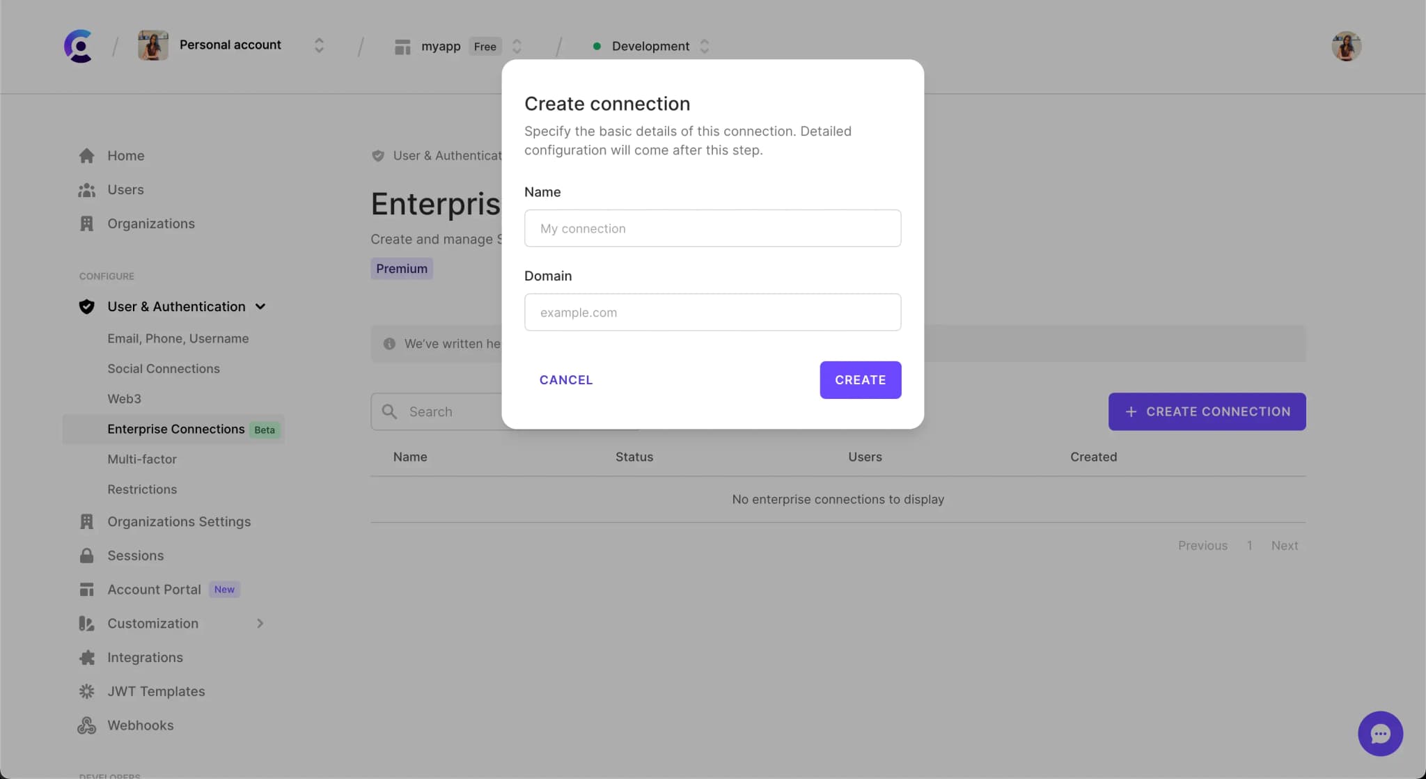 The Enterprise Connections section in the Clerk Dashboard. The 'Create connection' modal is open.