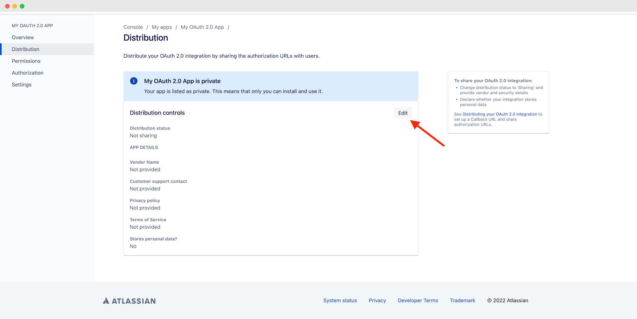 Atlassian OAuth 2.0 app distribution settings