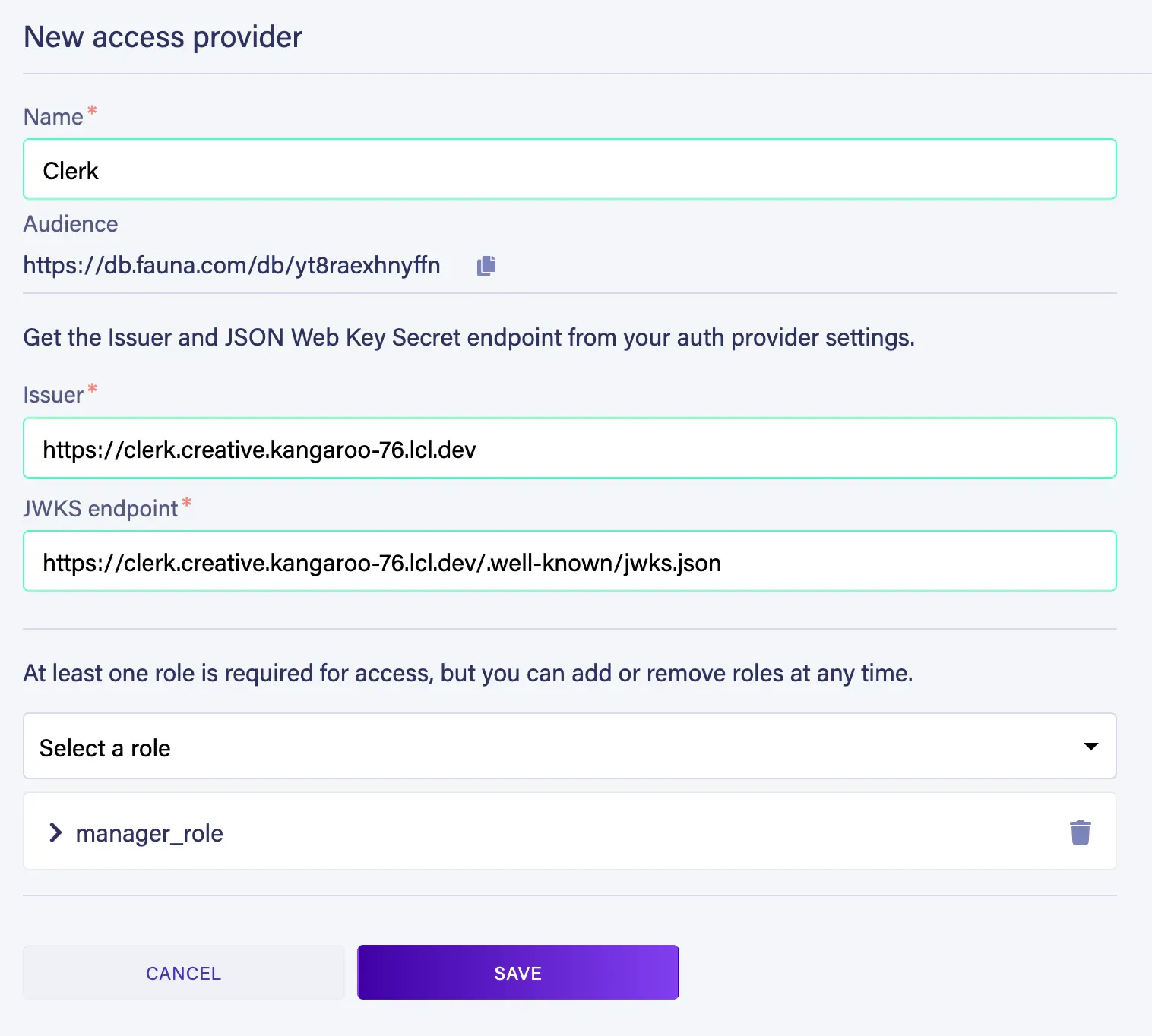 The 'New access provider' form in Fauna.