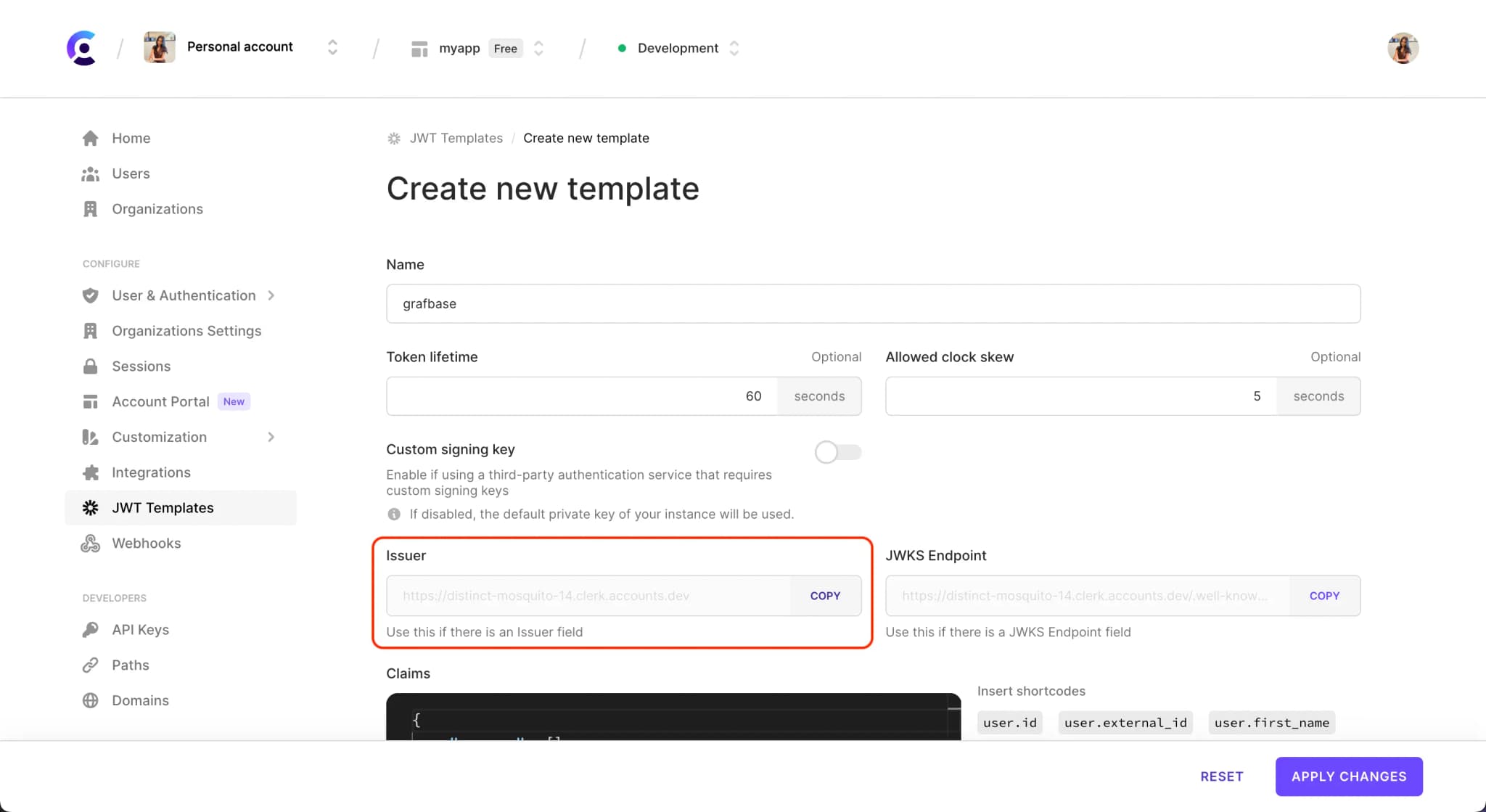 The 'Create new template' page of the JWT Templates page in the Clerk Dashboard. There is a red box surrounding the 'Issuer' section.