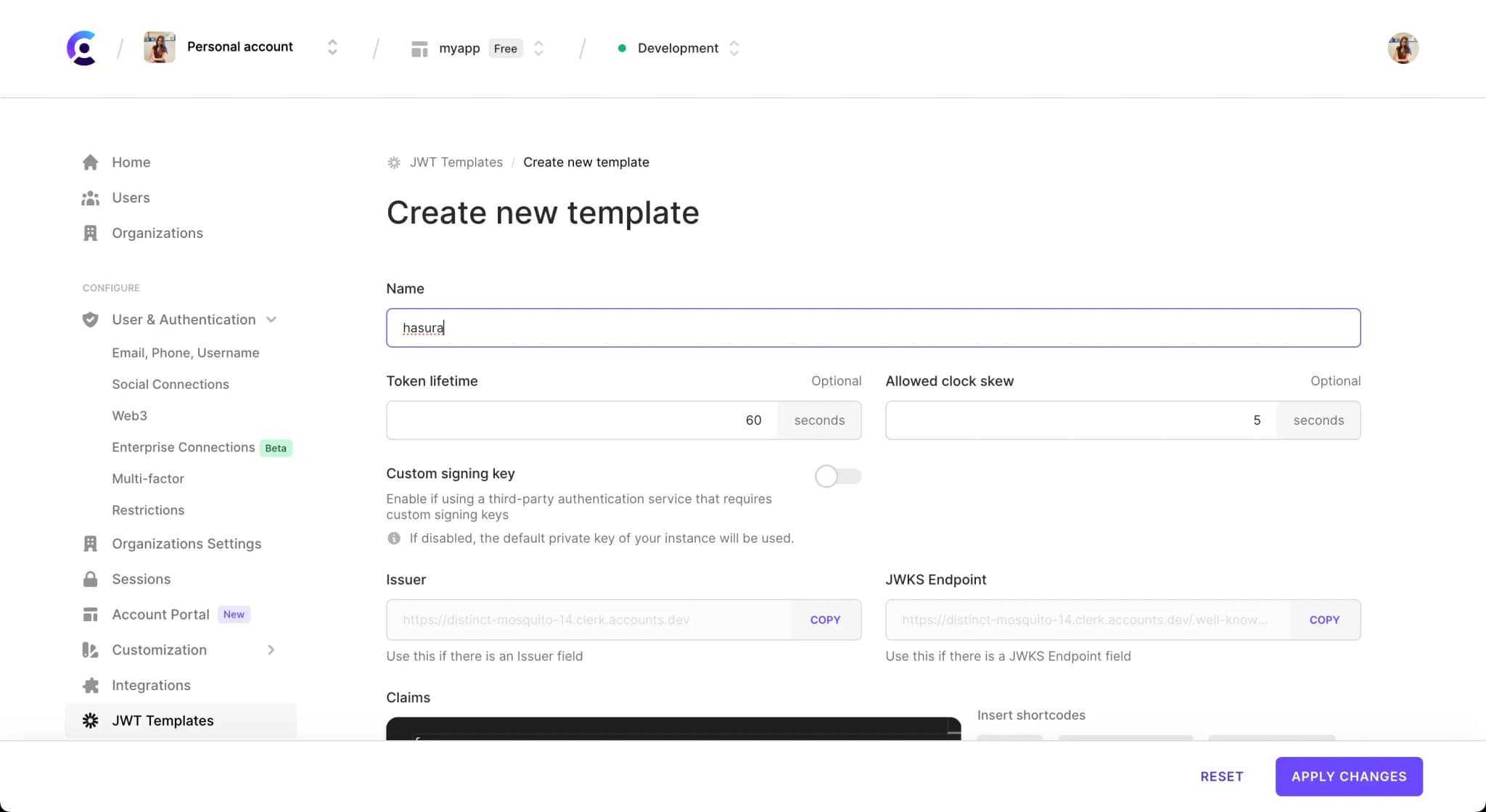 The 'Create new template' page of the JWT Templates page in the Clerk Dashboard.