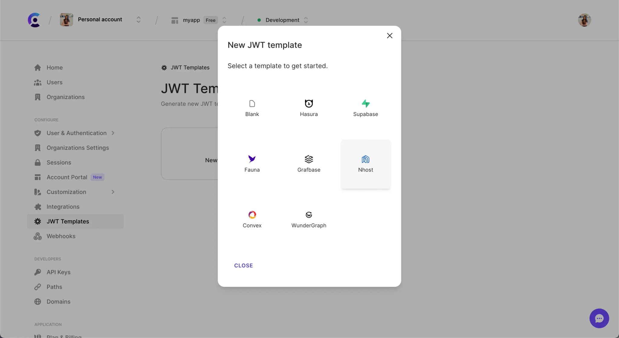 The JWT Templates page in the Clerk Dashboard. The 'New template' button was clicked, and a pop up titled 'New JWT template' is shown. The 'Nhost' template is hovered over.