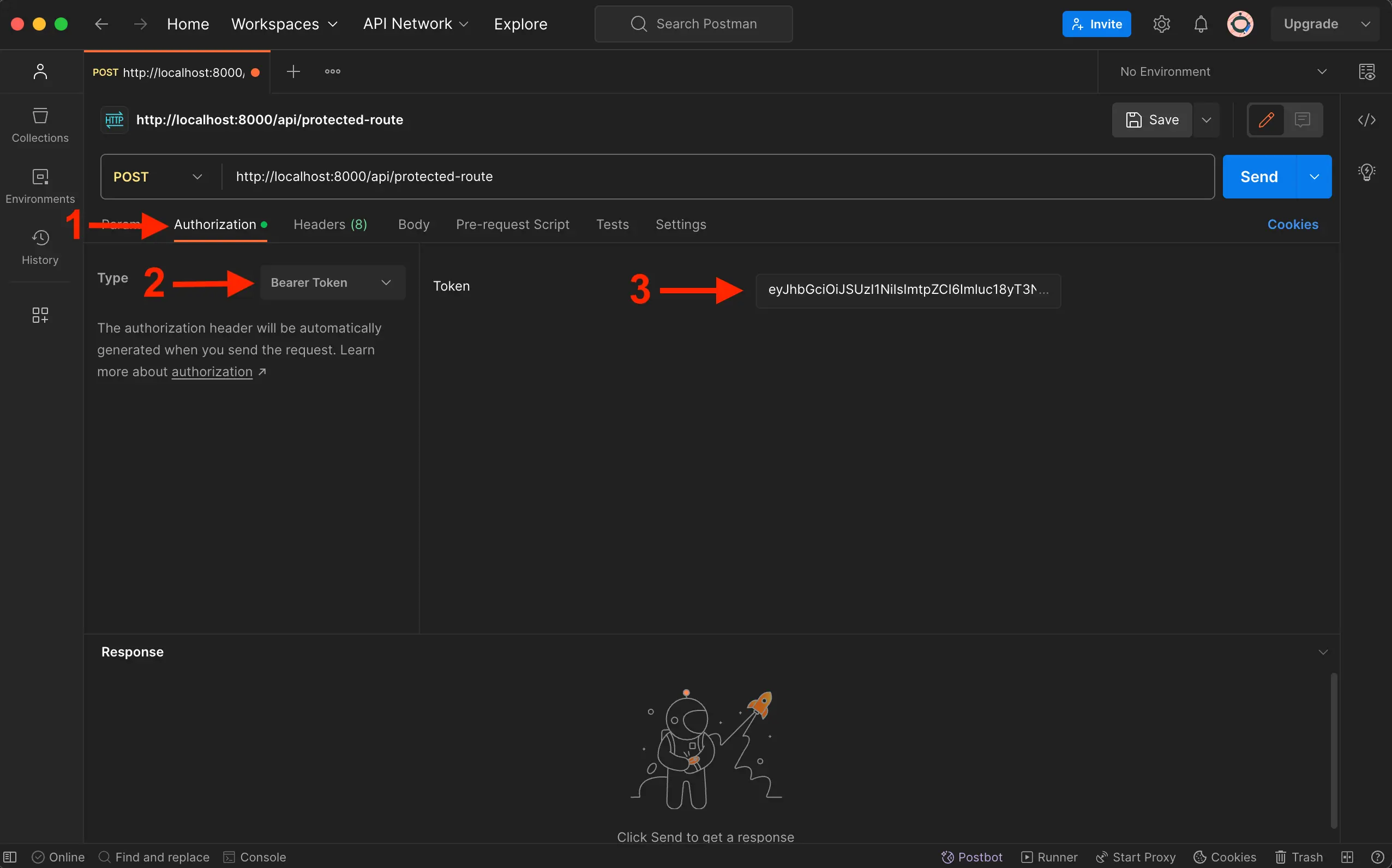 The Postman app with the first red arrow pointing at the Authorization tab, the second red arrow pointing at the token type with 'Bearer token' chosen, and a third red arrow pointing at the token field with the token pasted in.